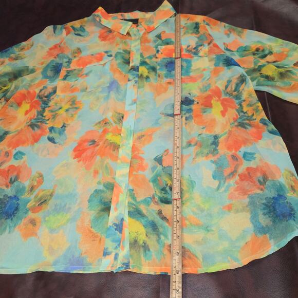 Lane Bryant 22/24 Sheer Floral Blouse Mint Green Orange Watercolor Tunic Flowy - Picture 5 of 9